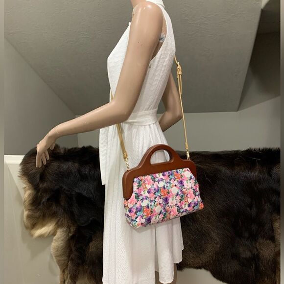 Handmade Genuine Leather Floral Print Large Wooden Frame Bag & 2 Strap Styles - Picture 6 of 15